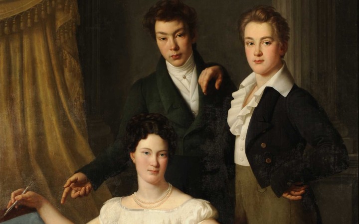 Gemälde von zwei Jungen und einem Mädchen in historischen Kleidern