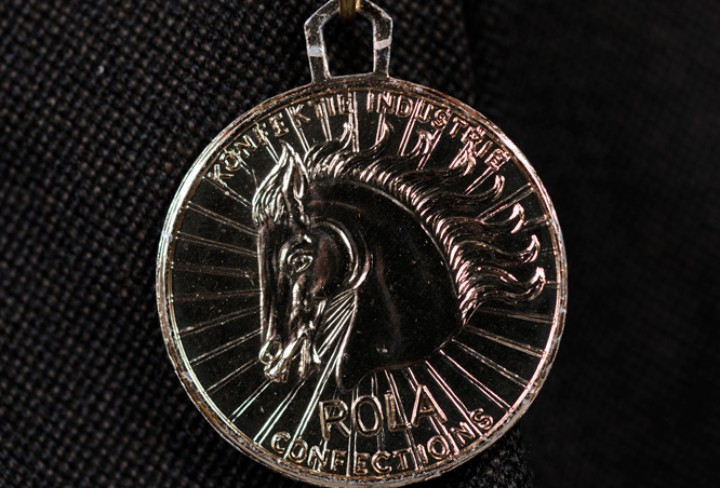 Detailansicht der Aluminiummedaille zeigt einen Pferdekopf