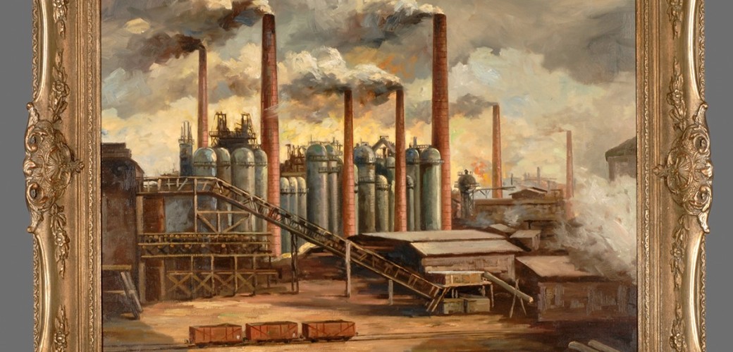 Ölgemälde einer Industriekulisse in einem barocken, goldenen Rahmen.