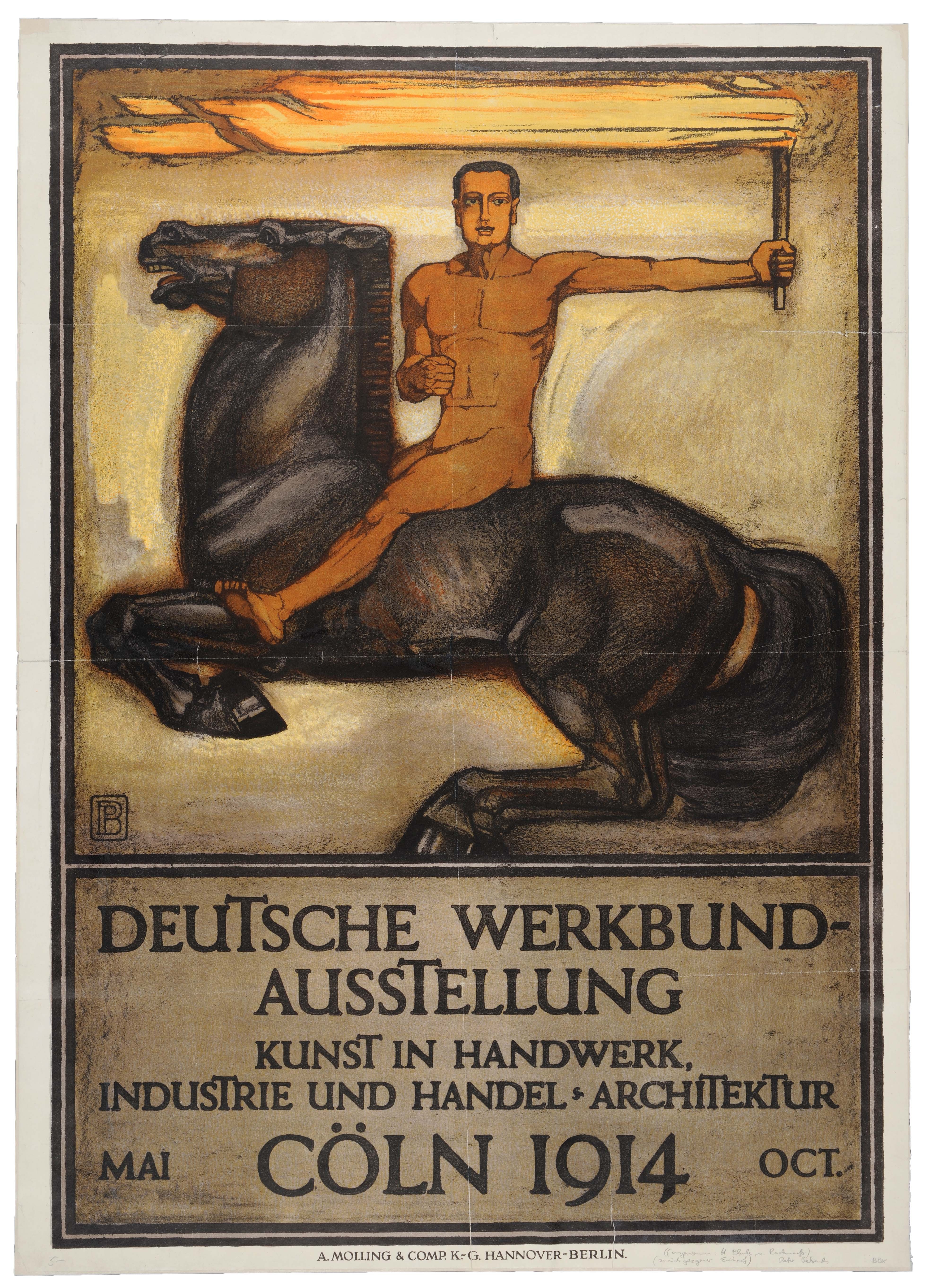 Das Werkbund-Plakat zeigt einen nackten Reiter mit brennender Fackel auf einem schwarzen Pferd 