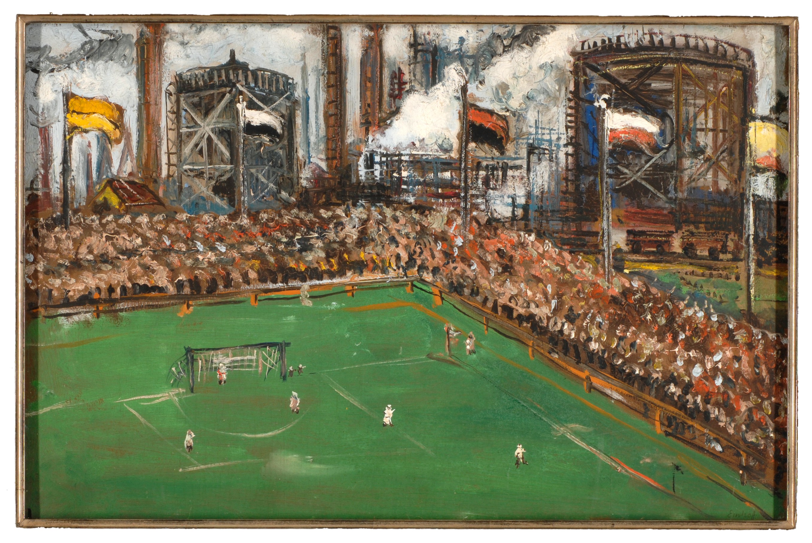 Gerahmtes Ölbild zeigt den Blick auf einen Fußballplatz mit Zuschauerrängen vor einer Industriekulisse