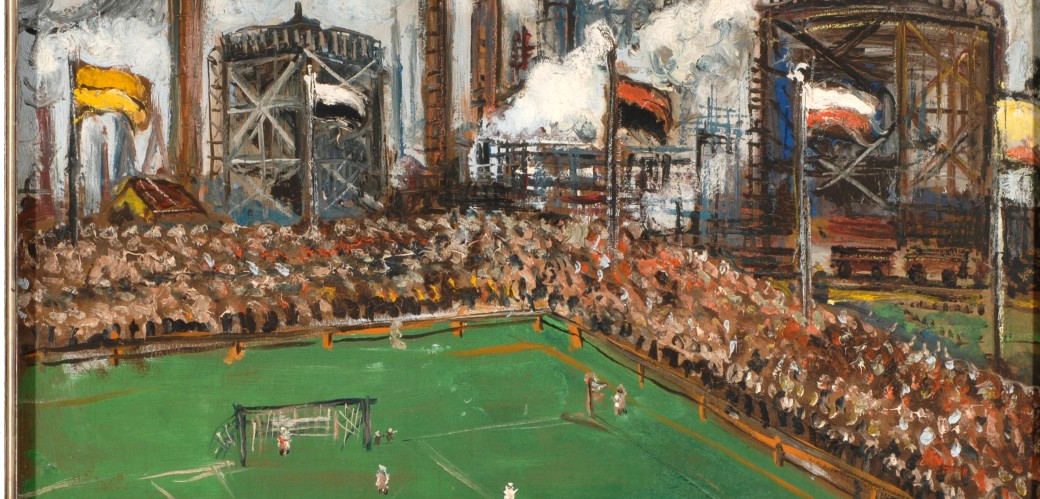 Gerahmtes Ölbild zeigt den Blick auf einen Fußballplatz mit Zuschauerrängen vor einer Industriekulisse
