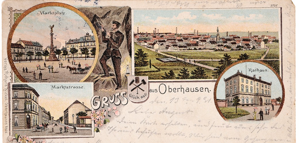 Vorderseite einer Postkarte mit verschiedenen gezeichneten Ansichten von Oberhausen