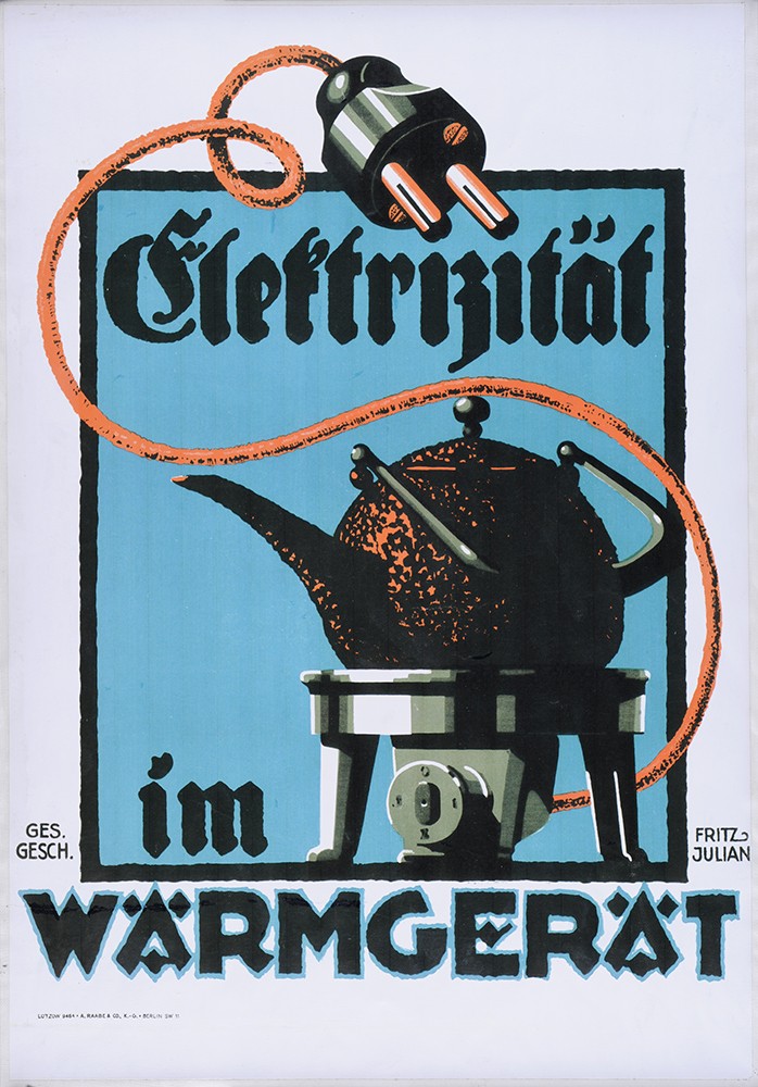 Farbig gestaltetes Werbeplakat mit einem antiken Teekessel
