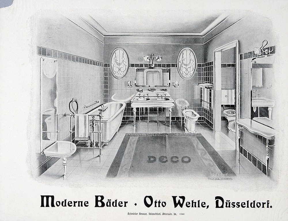 Schwarzweiß-Zeichnung eines Bads, darunter die Werbeaufschrift „Moderne Bäder, Otto Wehle, Düsseldorf“