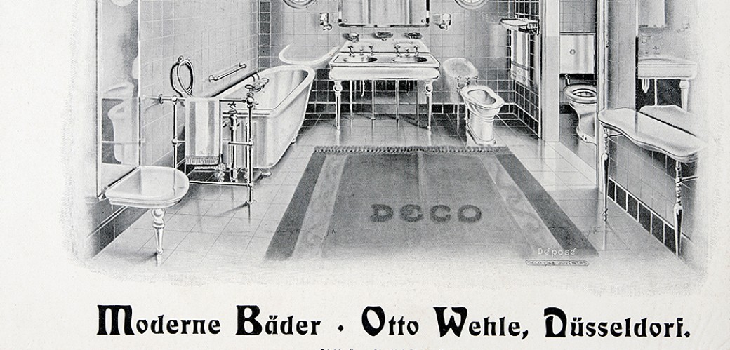 Schwarzweiß-Zeichnung eines Bads, darunter die Werbeaufschrift „Moderne Bäder, Otto Wehle, Düsseldorf“