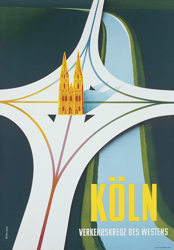 Das Plakat zeigt in stilisierten Formen den Rhein und den Kölner Dom, der von einem Autobahnkreuz umgeben ist