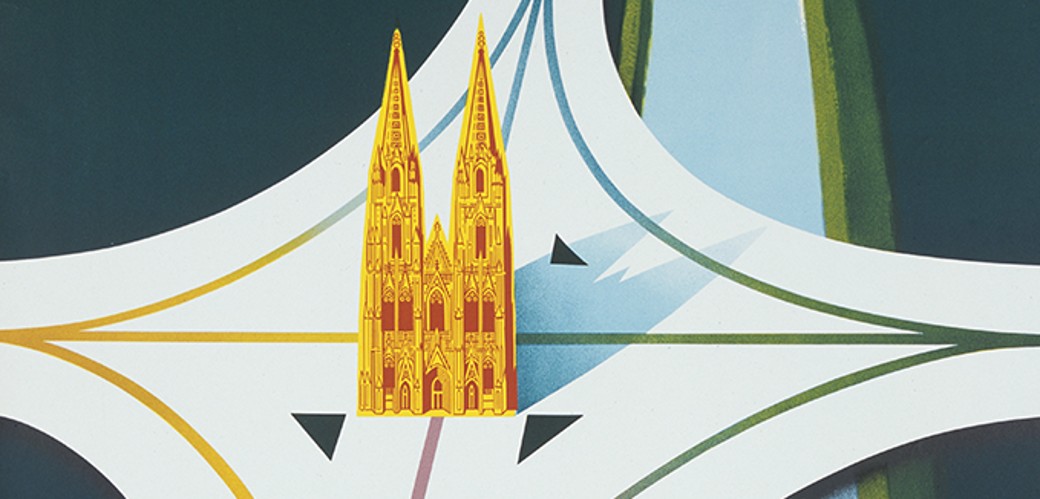 Das Plakat zeigt in stilisierten Formen den Rhein und den Kölner Dom, der von einem Autobahnkreuz umgeben ist