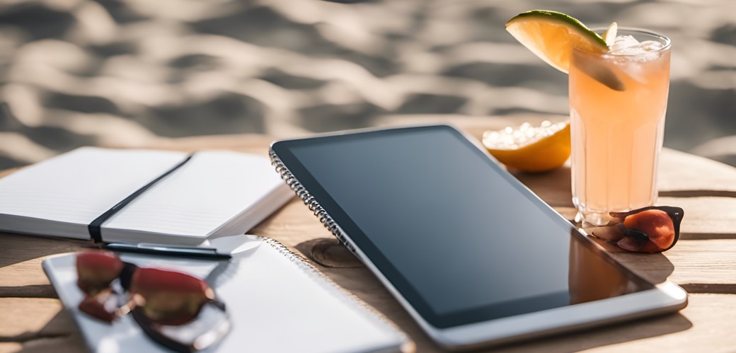 KI-generiertes Bild von Büroutensilien, einem Tablet, Sonnenbrille und einem Cocktail am Strand