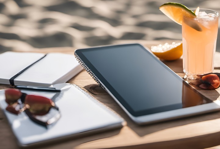 KI-generiertes Bild von einem Tablet mit Ringbuch-Bindung, einem Cocktail und Einzelteilen einer Sonnenbrille auf einem Holztisch am Strand