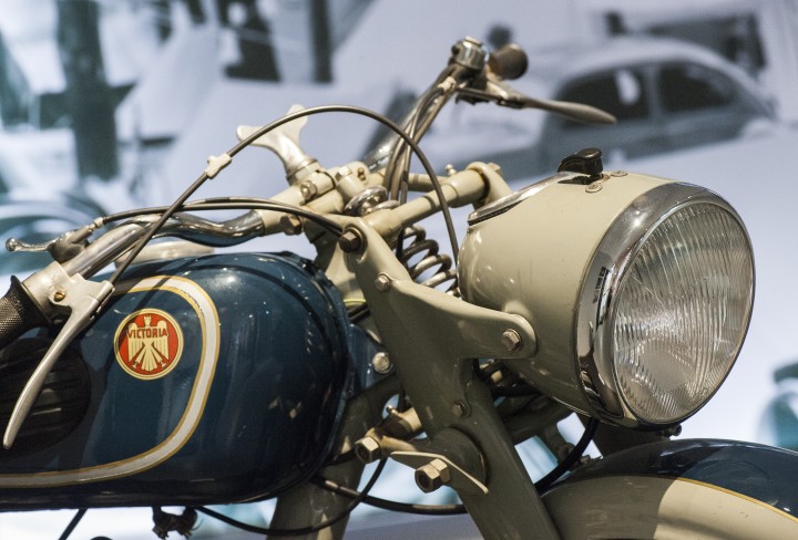 Detail of a motorcycle in the exhibition