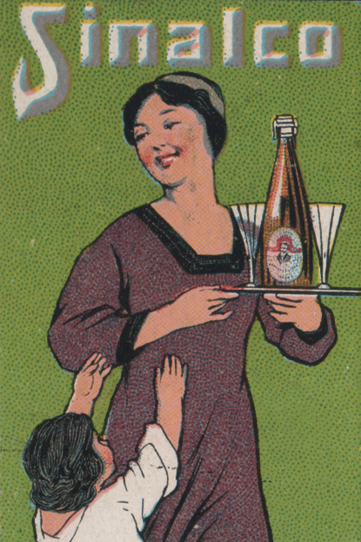 Grafik-Reklameschild mit einem Kind und einer Frau die ein Tabeltt mit einer Flasche und zwei Gläsern in der Hand hält