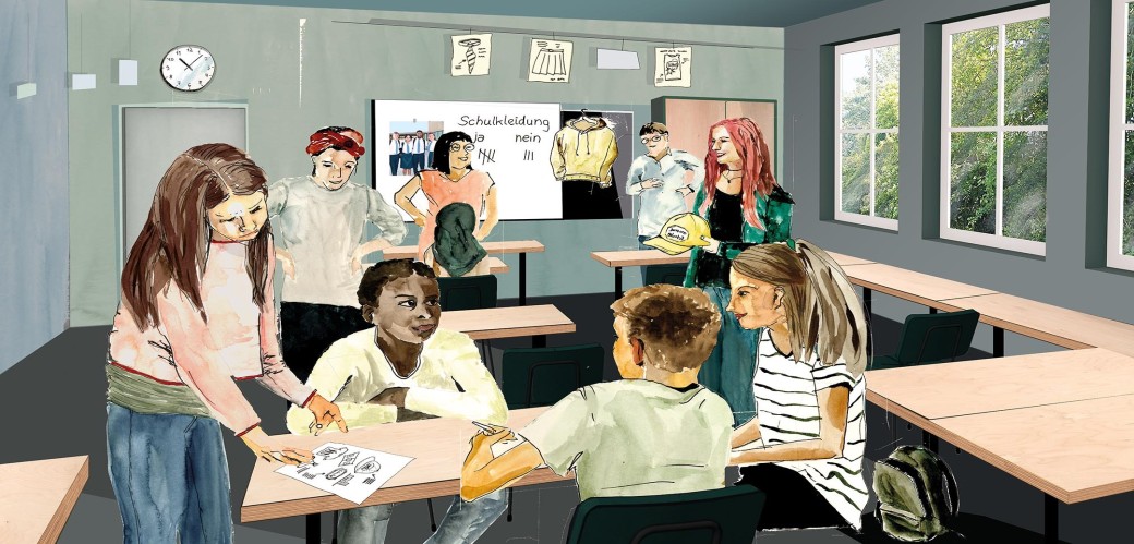 illustration einer Schulklasse, in der sich junge Leute austauschen. An der Tafel ist eine Abstimmung zum Thema Schuluniform zu sehen. 