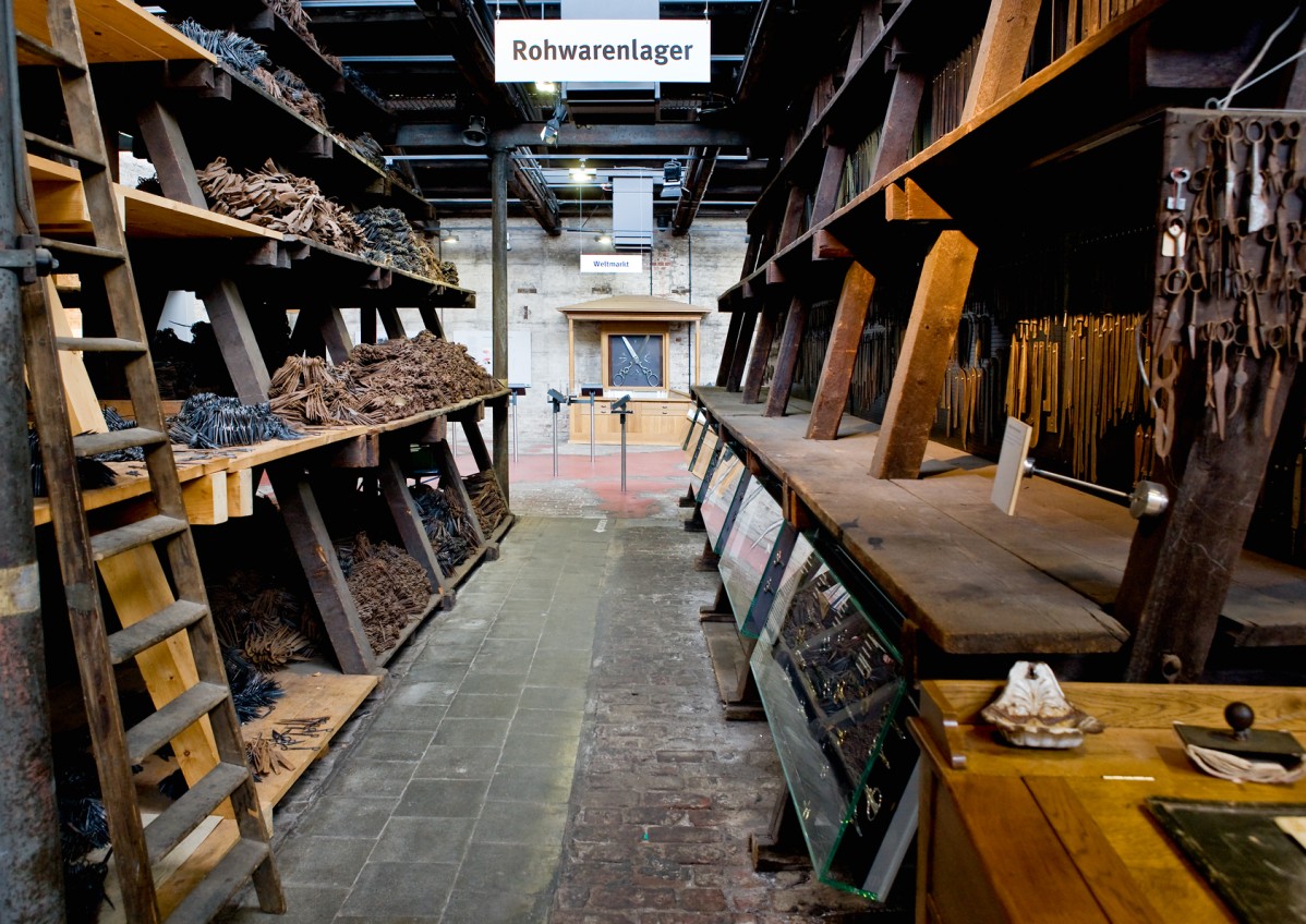 View into the former warehouse of the Hendrichs drop forge with numerous high shelves