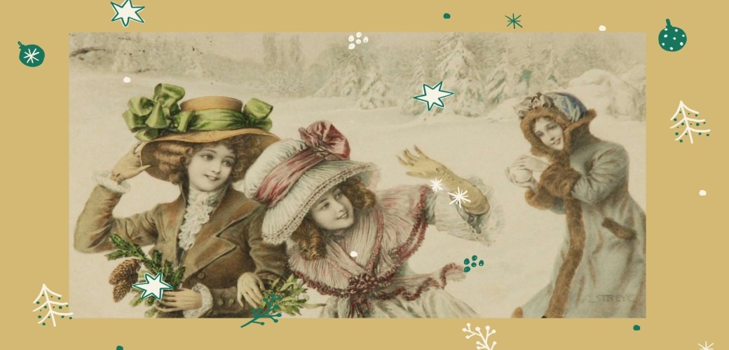 Historische Zeichnung von drei Frauen mit Hut, die im Schnee spatzieren und spielen.