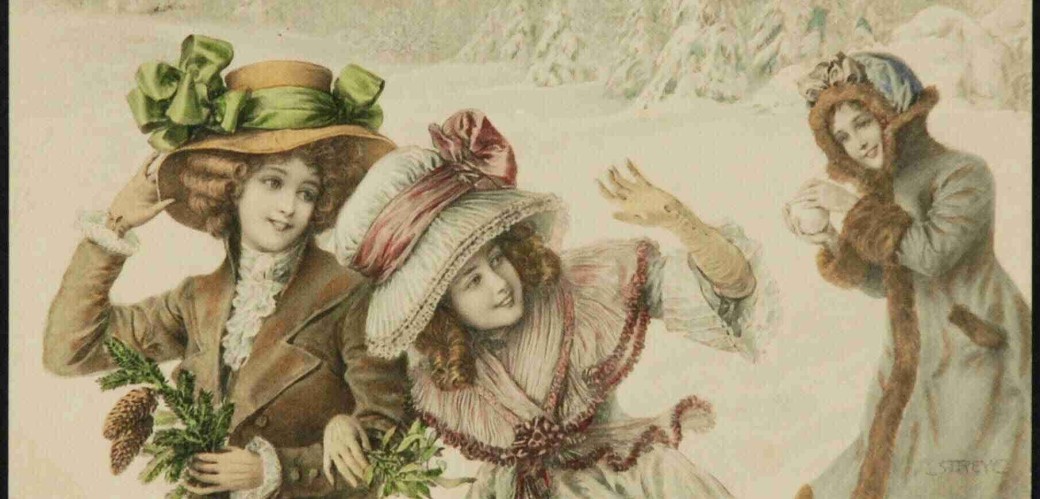Historische Zeichnung von drei Frauen vor einem verschneiten Wald