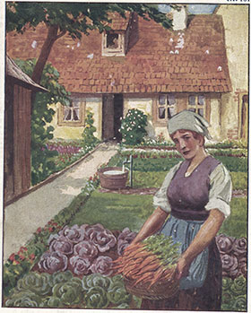 Ein altes, gemaltes Bild von Einer Frau bei der Gartenarbeit.