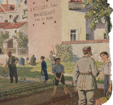 gemaltes Bild aus den 1930er Jahrenzeigt Gärtner auf einem Feld inmitten von Häusern