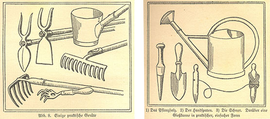 Zwei Abbildungen von Gartengeräten, wie Harken und Schaufeln.